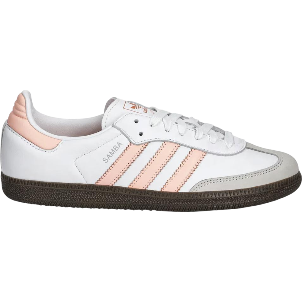 adidas Samba OG W women’s sneakers in Cloud White, Clear Orange, and Semi Coral — vintage adidas design with a modern, colorful twist.