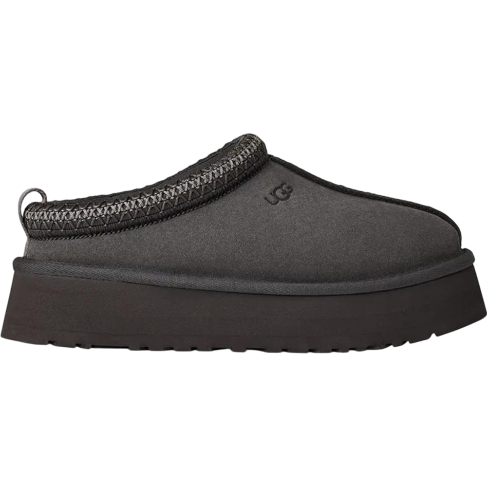 UGG Tazz II women’s slippers in Obsidian — premium suede, warm lining, and elevated platform comfort for everyday cozy style.