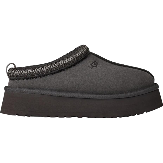 UGG Tazz II women’s slippers in Obsidian — premium suede, warm lining, and elevated platform comfort for everyday cozy style.