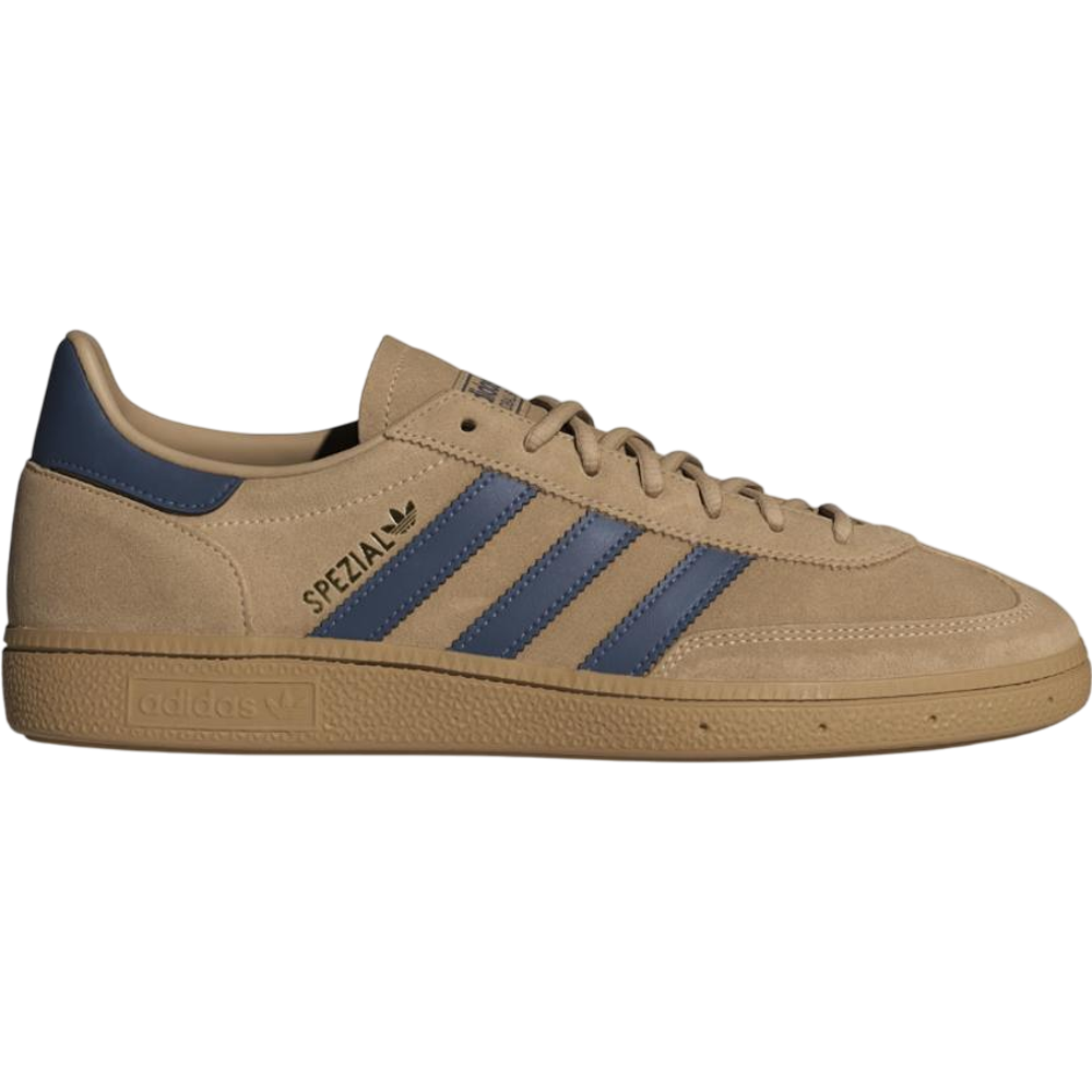 adidas Handball Spezial sneakers in Warm Sandstone, Preloved Ink, and Gold Metallic — classic adidas suede design with a premium vintage look.
