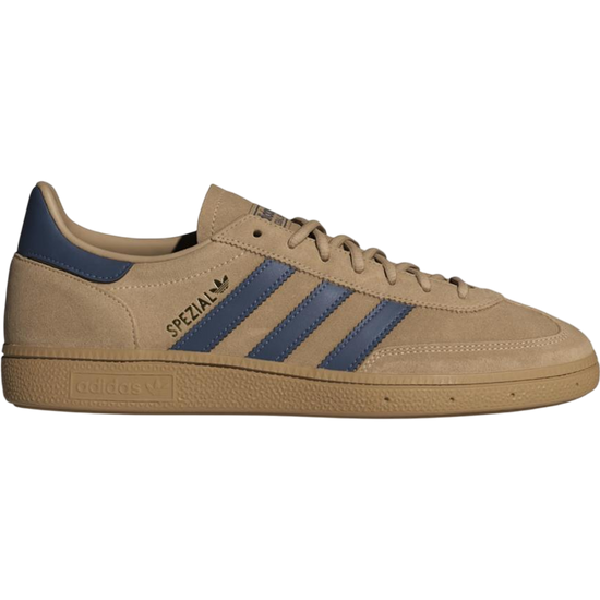 adidas Handball Spezial sneakers in Warm Sandstone, Preloved Ink, and Gold Metallic — classic adidas suede design with a premium vintage look.