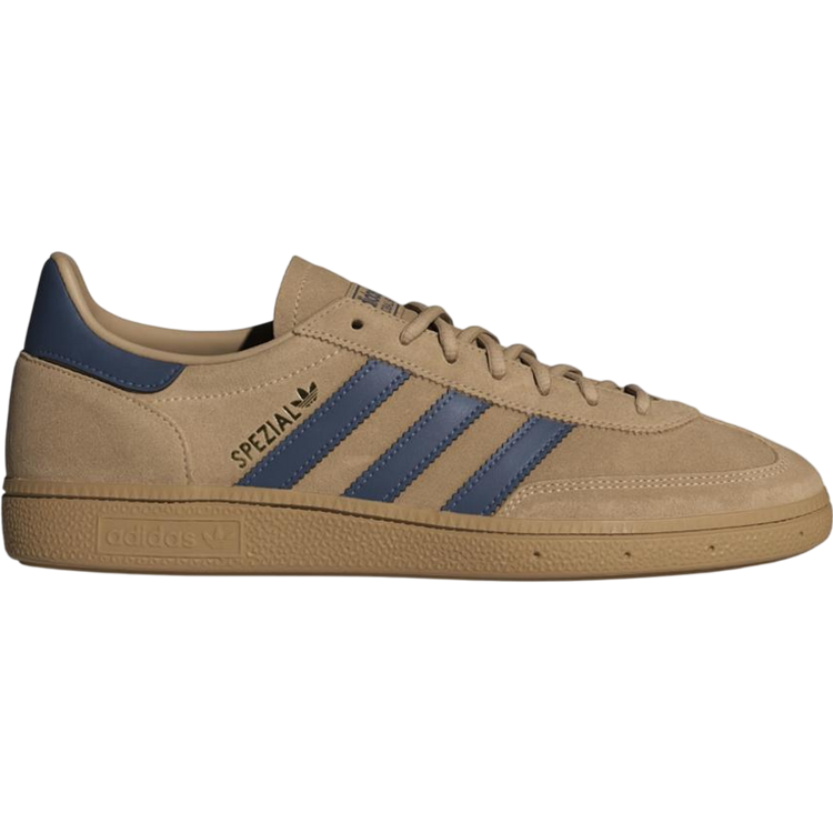 adidas Handball Spezial sneakers in Warm Sandstone, Preloved Ink, and Gold Metallic — classic adidas suede design with a premium vintage look.