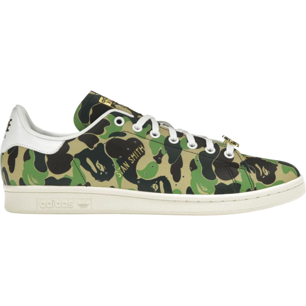 adidas Stan Smith Bape ABC Camo sneakers — limited-edition collaboration featuring the classic Stan Smith design with BAPE’s signature camouflage pattern.